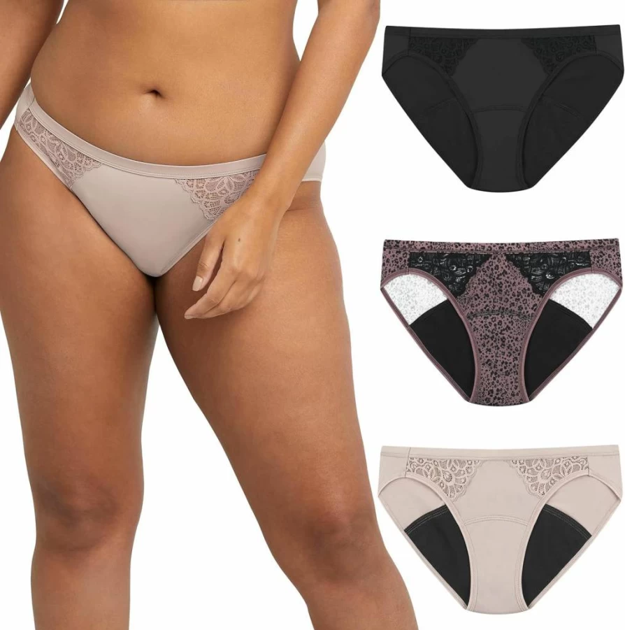 Maidenform Women's Moderate Absorbency Period Bikini Underwear - 3 Pack Comfortable Leak-Proof Panties for Menstrual Protection
