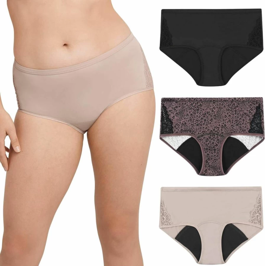 Maidenform Women's Moderate Protection Period Hipster Underwear 3-Pack with Built-In Liner